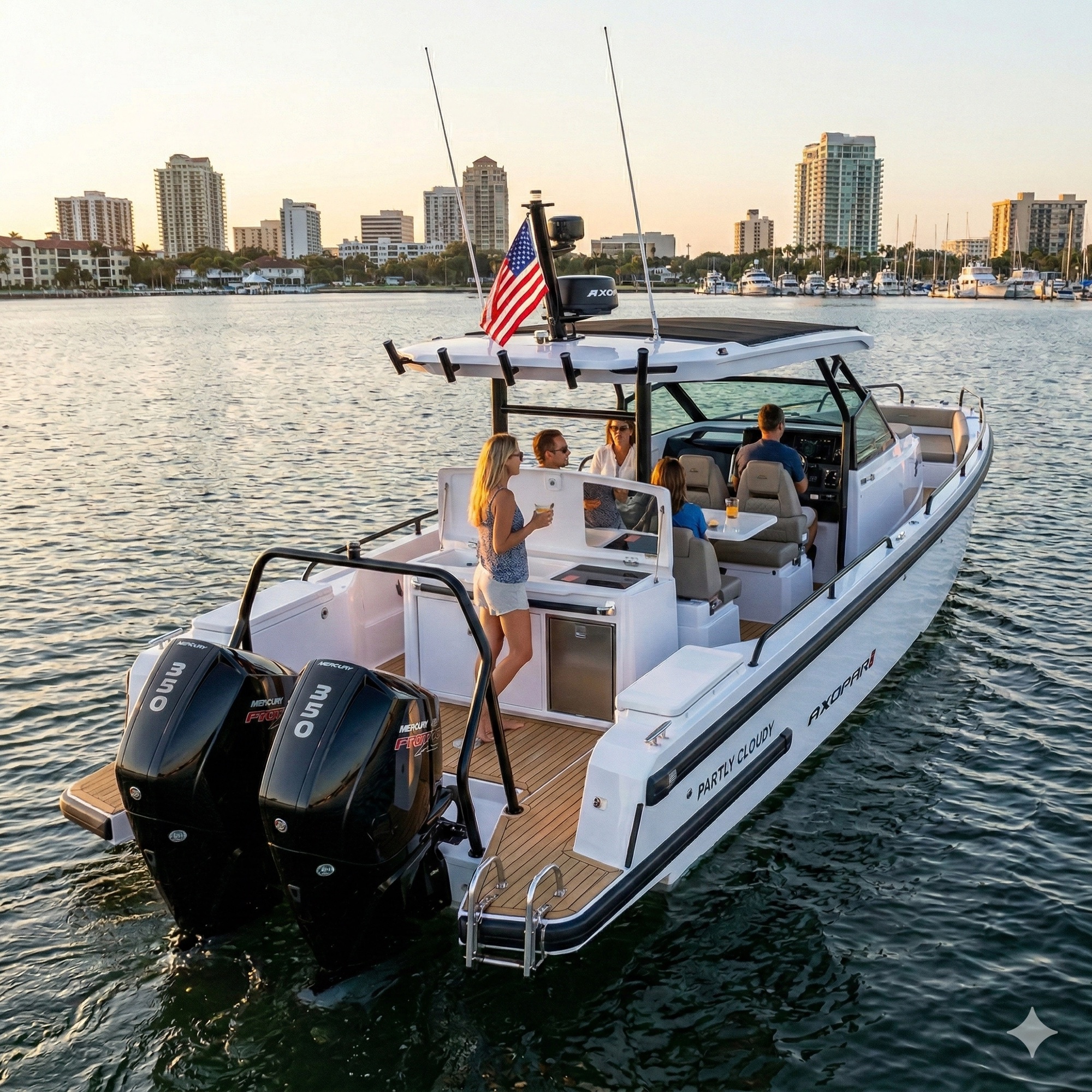 Partly Cloudy Axopar 37 cruising at golden hour with guests aboard, St. Petersburg skyline in background