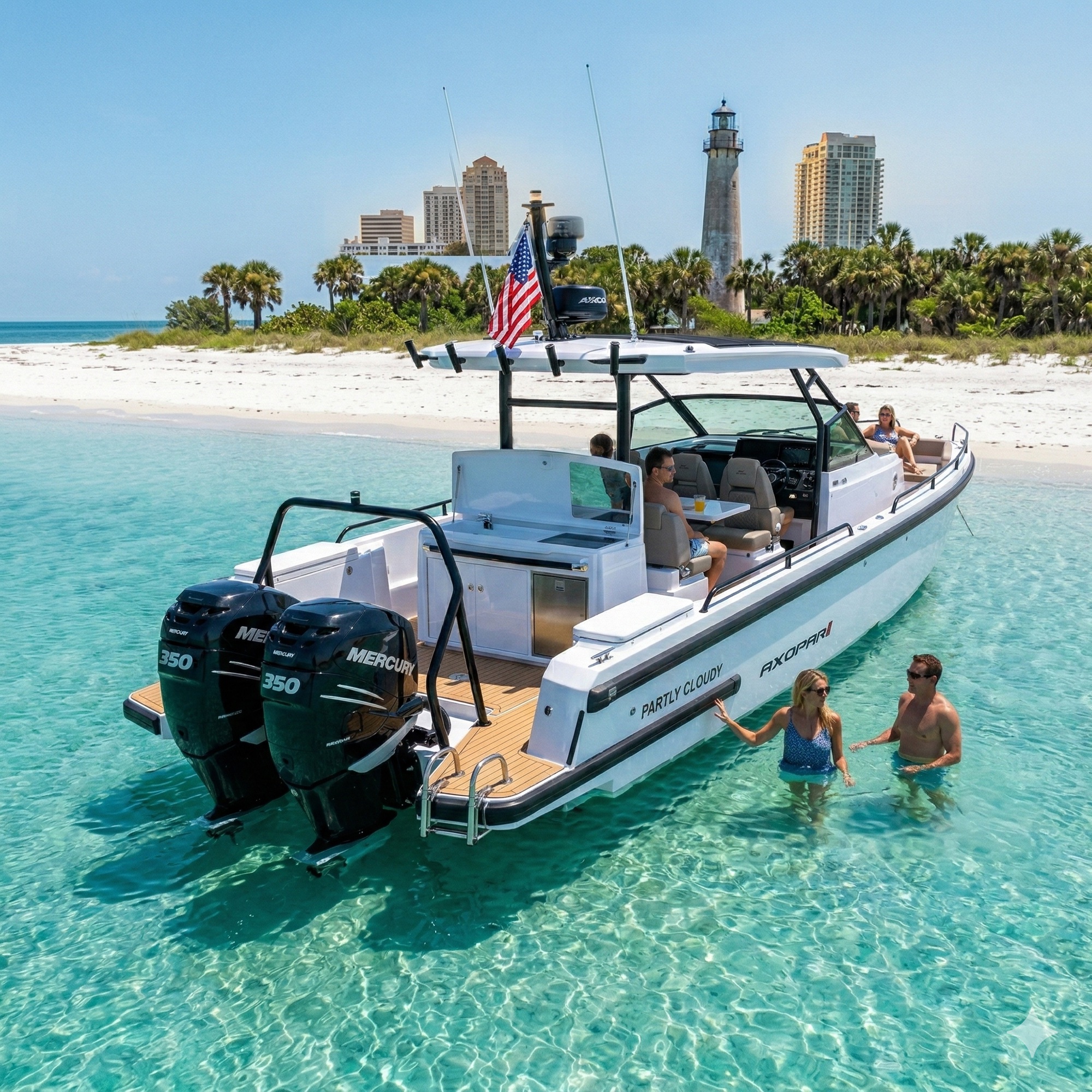 Guests enjoying crystal-clear water at a sandbar near Partly Cloudy yacht with white sandy beach in background